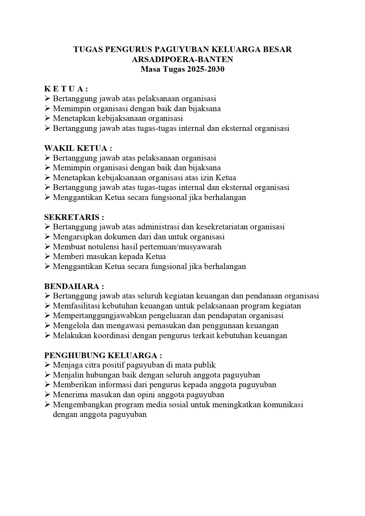 Tugas Pengurus Paguyuban ARSADIPOERA-BANTEN
